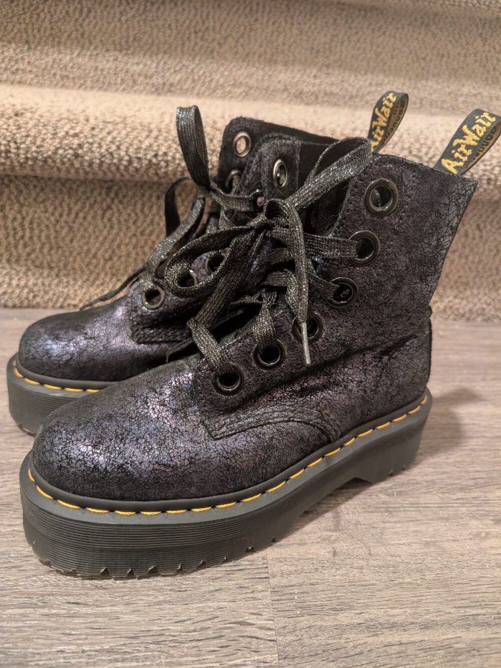 Dr. Martens Black Metallic Crackle Leather Lace-Up Boots